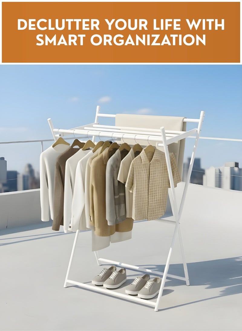 JUNI Foldable Clothes Drying Stand Heavy Duty Metal Garment Rack with Shoe Shelf, Portable Clothing Rack Stand for Bedroom & Laundry, Space-Saving, Clothes Hanger Stand Drying Rack - Image 2